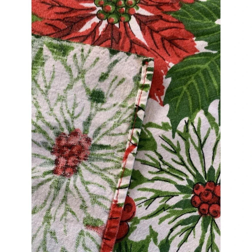 Vintage Cotton Christmas Pointsetta Holly Berries Tablecloth 4’ By 5’